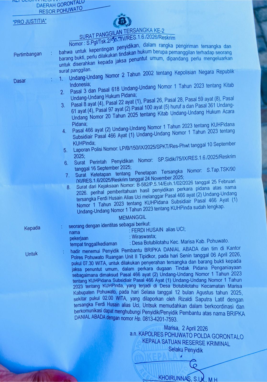 Masuk Tahap II, FH Dipanggil Polisi Terkait Kasus Botubilotahu img 20260403 wa0014(1)